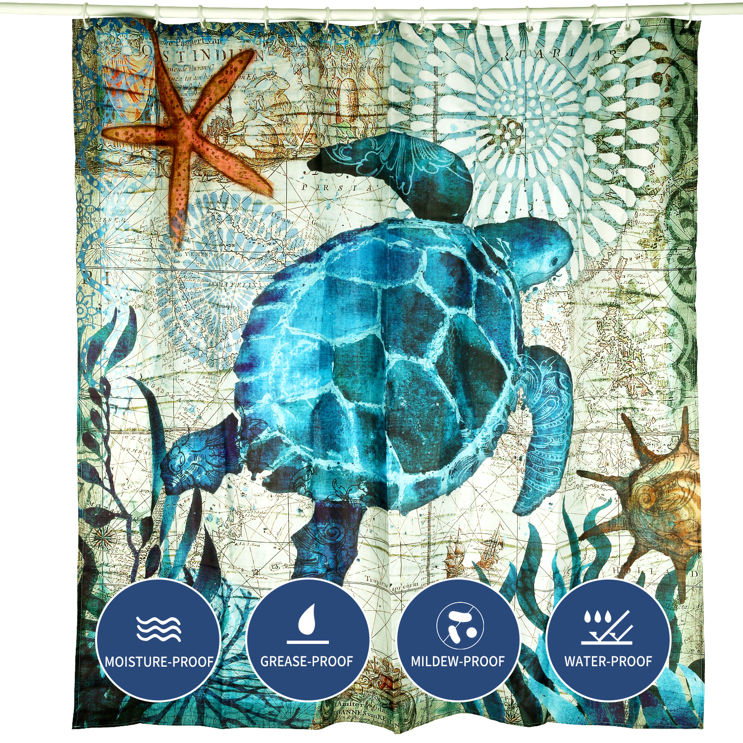 Keador Sea Turtle Shower Curtain, Ocean Animal Landscape Shower Curtain, Durable Fabric Waterproof Washable Polyester Turtle Bath Curtain with 12 Hooks, 72 X72 inches 