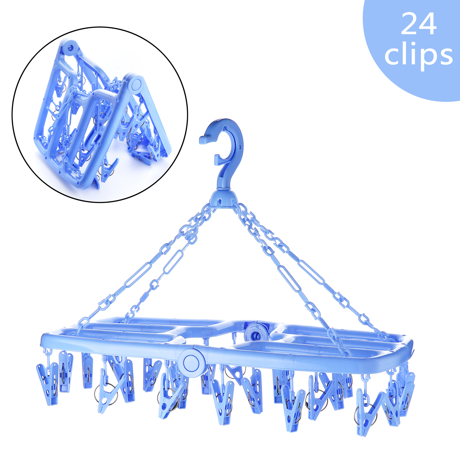 Keador Laundry Hanger Drying Rack, Foldable Clip and Drip Hanger with 24 Pins and Wind-Proof Hook for Drying Towels, Bras, Baby Clothes, Underwears, Plastic Laundry Sock Drying Hanger (Blue) 